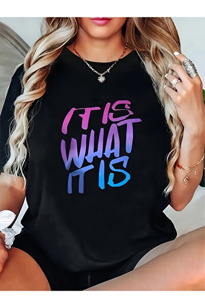 23 nisan It' What It Is Gradient Letter Print T Shirt Soft Crew Neck Short Sl...