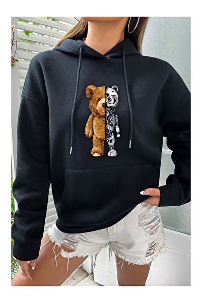ZİYMO Unisex Hooded Sweatshirt with Bear Print and Relaxed Fit