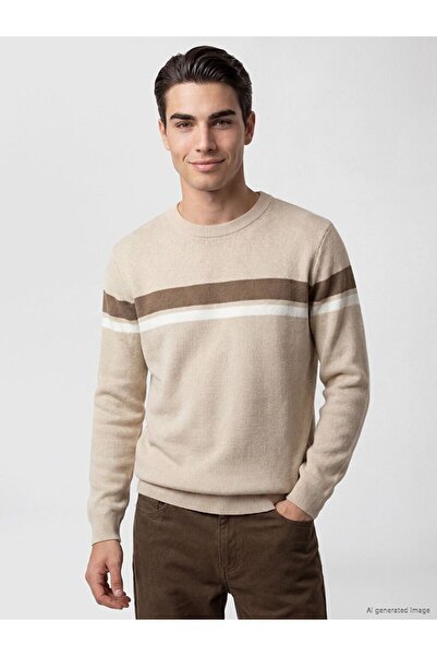 LC Waikiki Lcwaikiki Classic Beige Crew Neck Striped Men's Knitwear Sweater