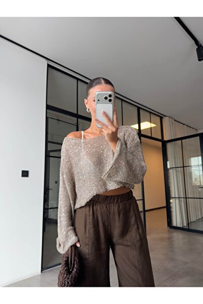 BB Bensu Buyruk Sequined Crop Merserized Knitwear Stone