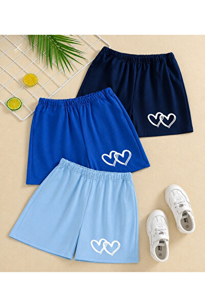 LOUİSA Girl's Sax Blue-Baby Blue-Navy Blue Tiny Hearts Shorts