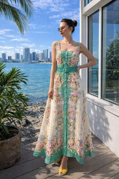 AsprinFashion Women's Maxi Dress Floral Patterned Linen Look Strap Belted Sum...