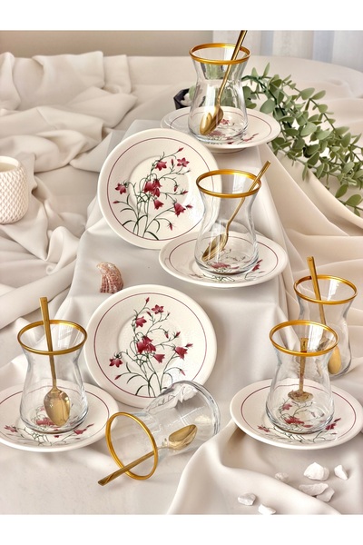 Yiğit Seramik Züccaciye Pink Çiğdem Model Gold Gilded 6-Person 12-Piece Luxur...