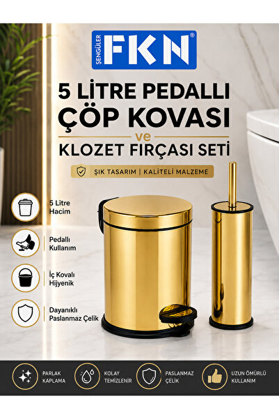 FKN 5 Litre Pedallı Çöp Kovası ve Klozet Fırçası Seti Paslanmaz Çelik İç Kova...