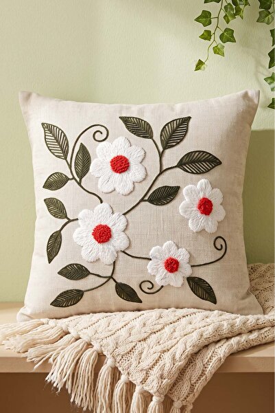 Rivaİstanbul Ivy Flower Patterned Punch Decorative Throw Pillow Cover