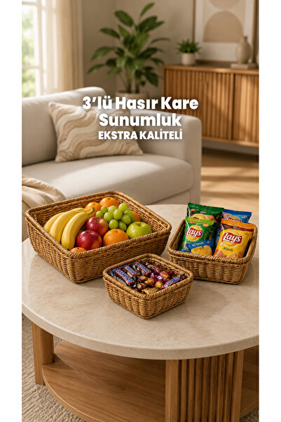 Destpak 3-Piece Square Wicker Presentation Basket Badya Basin Plate Bowl - De...
