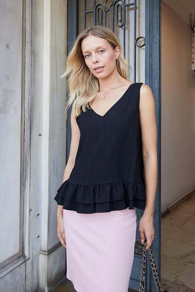 Jument Women's Front Back V-Neck Skirt Ruffle Sleeveless Blouse-Black