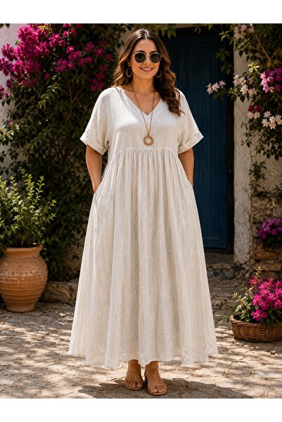 ASSO Plus Size Women's V-Neck Loose Long Dress with Pockets Summer Dress