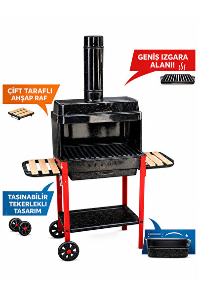 gucmetal Taşınabilir Ayaklı Mangal Izgara Tekerlekli Ahşap Raf Bacalı Büyük B...