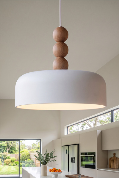 Marrien Marella Modern 3lü Ahşap Boncuk Detaylı Beyaz Metal Sarkıt (30 cm) Ye...