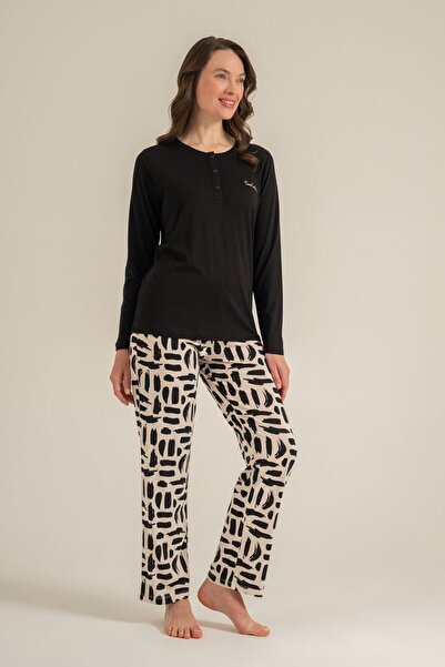 Pierre Cardin Women's Black Embroidered Long Sleeve Pajama Set Pc9300-S-V1
