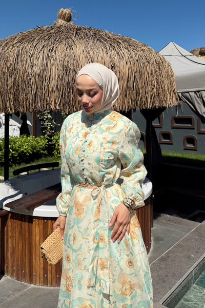 fushya design Hakim Yakalı Çiçek Desenli Elbise