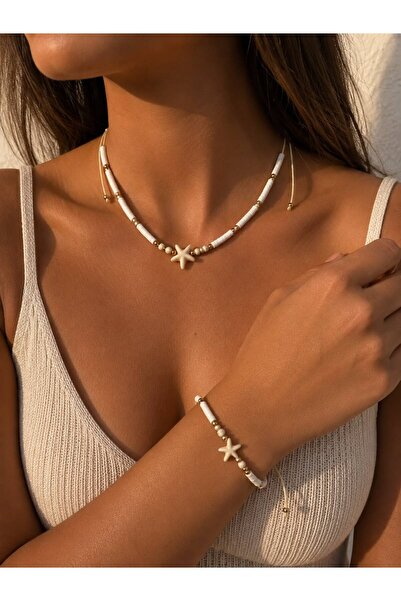 SBR Set Colier și Brățară cu Stea de Mare și Mărgele Albe – Bijuterii Boho de...