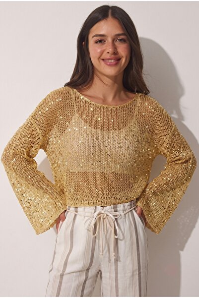 TLG TLG GİYİM Women's Boat Neck Casual Sleeveless Draped Sequin Crop Blouse