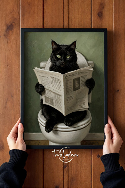 tablodea Retro Tuvalette Gazete Okuyan Siyah Kedi Tablosu – Esprili Kedili Ba...