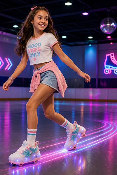 ByCukurovaFrango Işıklı Şarjlı Kız Çocuk 4 Tekerlekli Pembe Günlük Sneaker Fr...