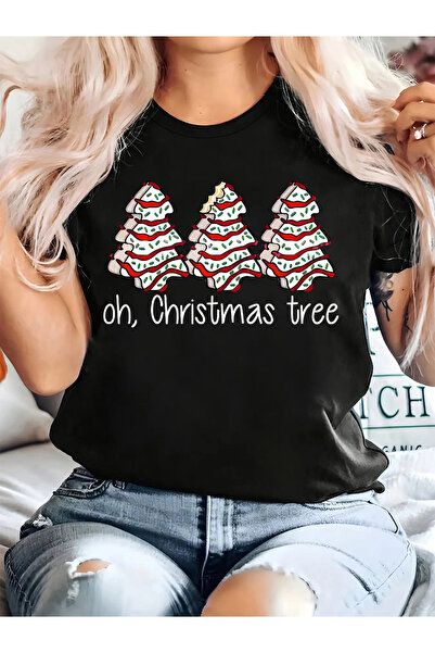 LİNA06 تي شيرت نسائي مطبوع عليه نص "Oh Tree, Christmas Tree"، بأكمام قصيرة، و...