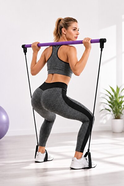 Telvesse Lastikli Pilates Squat Jimnastik Egzersiz Barı Direnç Bandı Studio Pilates Çubuğu Aleti Y109