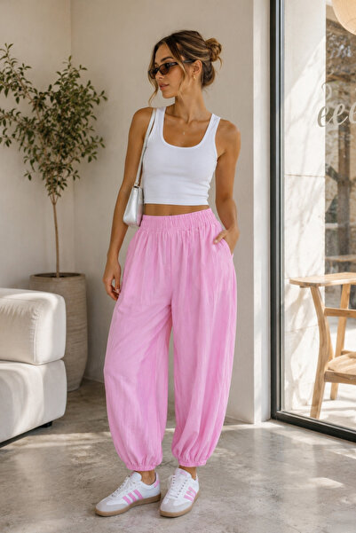 Black Fashion Bel Lastik Detay Modal Pembe Balon Pantolon