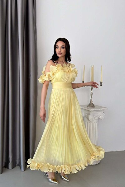 Serica Moda Sarı Volanlı Askılı Fırfırlı Astarlı Şifon Abiye Elbise