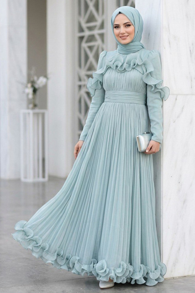 N.S NEVA STYLE - Ruffle Detailed Green Hijab Evening Dress 55691Cy