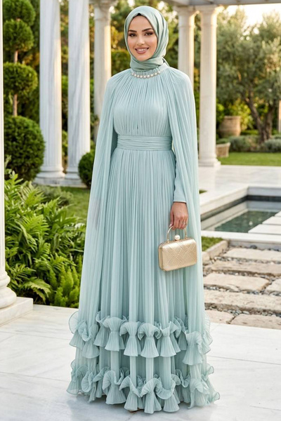 N.S NEVA STYLE Mint Shimmering Hijab Evening Dress with Cape and Stone Embell...
