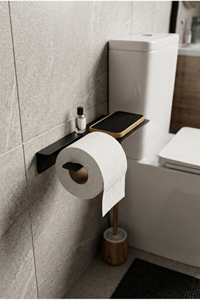 Siyah Raflı Tuvalet Kağıdı Askılığı Metal Telefon Raflı Banyo WC Kağıtlık