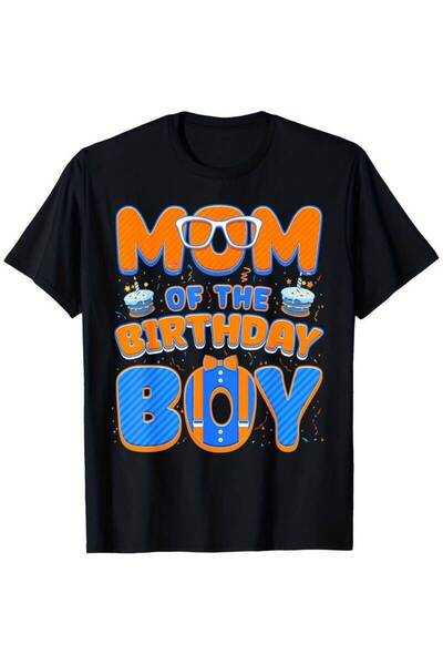1001 Line تي شيرت ملون بطباعة "MOM OF THE BIRTHDAY BOY" باللونين البرتقالي وا...