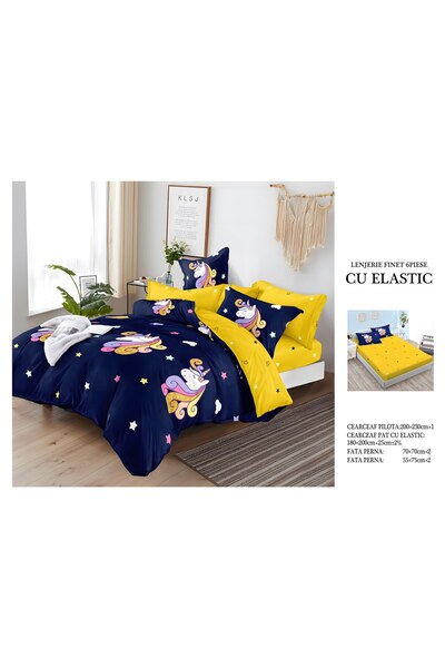 naniland.ro Lenjerie de Pat Bumbac Satinat 2 Persoane 6 Piese cu Elastic 180x...