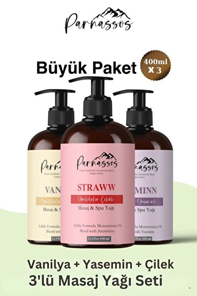 Parnassos Vanilya Çilek Yasemin Aromalı Masaj Yağı Seti 3 x 400 ml (1200 ml) ...