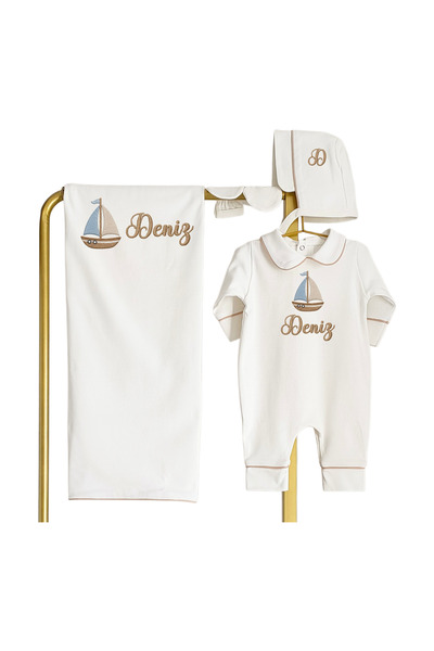 Mis Bebe Minik İnsanların Sarayı Combed Cotton Fabric Beige Piping Ship Patte...