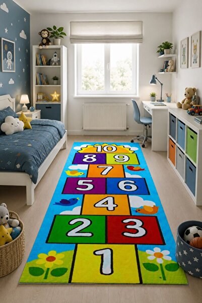 GNL HOME Çok Renkli Seksek Desenli Dijital Baskı Kaymaz Taban Yıkanılabilir Ç...