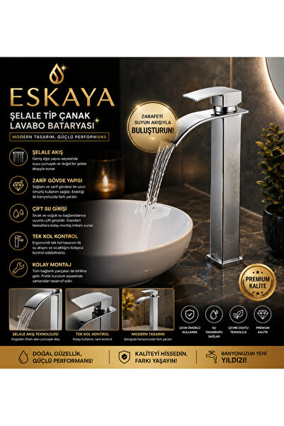 ESHOME Kare Lavabo bataryası Krom - Yüksek Musluk Şelale akışlı Kare gövde mo...