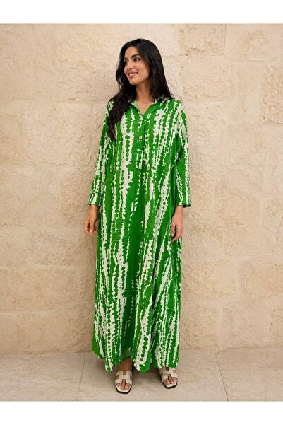 AGORATEKSTİL Women's Patterned Long Sleeve Viscose Fabric 3-Button Dress 40-46