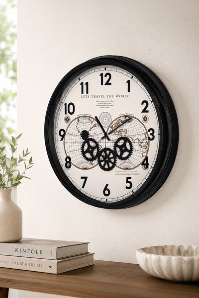Muyika Design 55 cm Katlı Kasa Çarklı Duvar Saati Dünya Haritalı MUYİKA Harek...