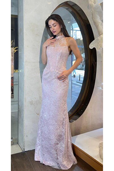 SpringStore Pudra Halter Yaka Payet İşlemeli Dantel Abiye