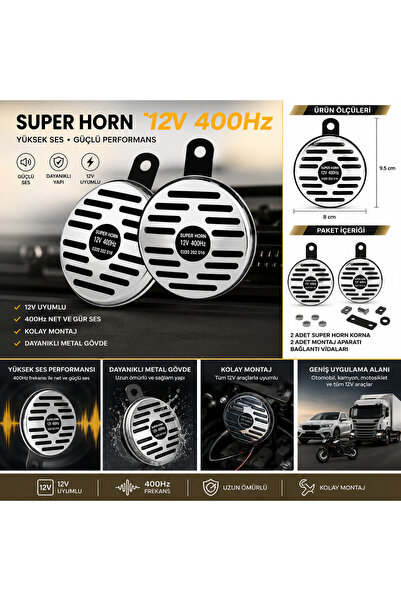 Detay Garaj 12V 400Hz Hella Korna 2’li Set Krom Metal Süper Sesli Araç Kornası