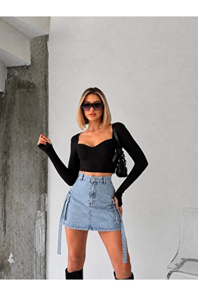 yourshıne denım co. FUSTĂ DIN DENIM CU BORTE DE CARGO, CU CROIALĂ COMPLETĂ.
