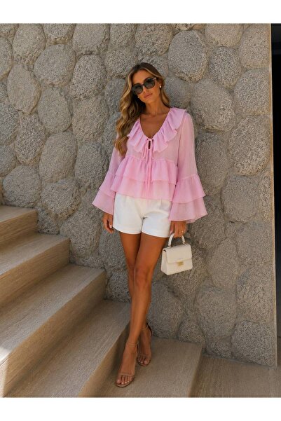 qeteen Women's Pink Ruffle Detailed V-Neck Anita Tencel Fabric Blouse – Comfo...