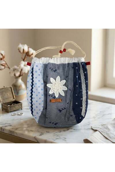 Hanife Baylam Handmade Gray Blue Floral Detailed Drawstring Organizer Bag 14
