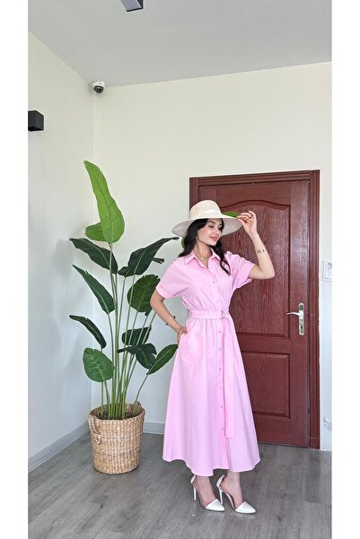 modadagiyim Short Sleeve Buttoned Belted Maxi Length Shirt Collar Very Stylis...