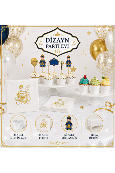 Dizayn Parti Evi Sünnet Temalı Parti Seti 25'li Beyaz Muffin Kabı, 16'lı Peçe...