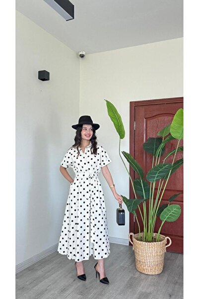 modadagiyim Polka Dot Short Sleeve Buttoned Belted Maxi Length Shirt Collar V...