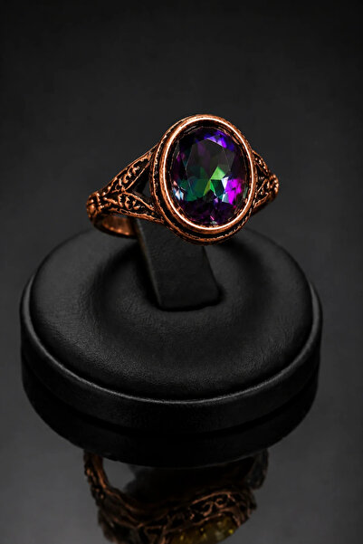 OSMANLI GÜMÜŞ Women's Copper Ring Mystic Topaz Natural Stone Oval Model Coppe...