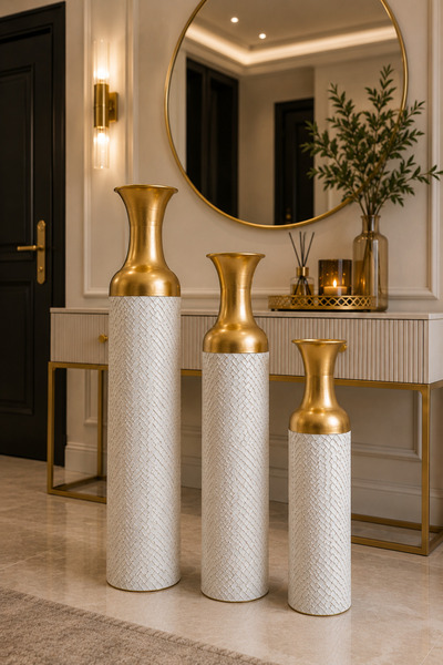 MİS KİTCHEN Verona Gold White Metal Decorative Floor Vase Set of 3 Large Size...