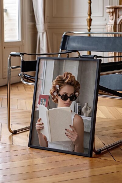 Postifull Woman and Book Poster, Black Framed Poster, Old Money Series, No:11...