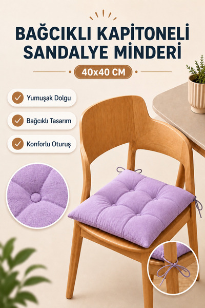 Tekli 40x40 Bağcıklı Kapitoneli Yumuşak Dolgulu Sandalye Minderi Balkon Bahçe Mutfak