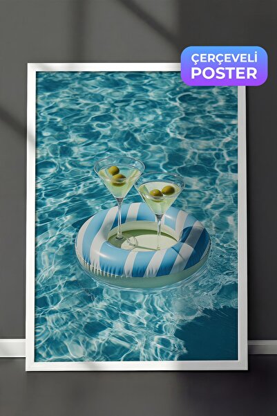 Postifull Poster cu piscină și pahare Martini, Poster în cadru alb, Seria Old...