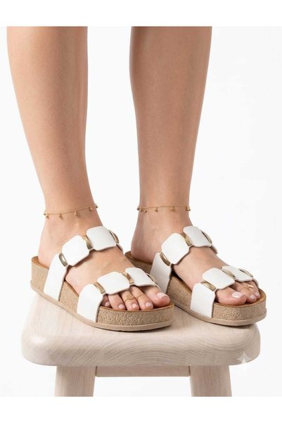 McDark Women's High Sole Stone Detailed Cork Sole Slippers-White
