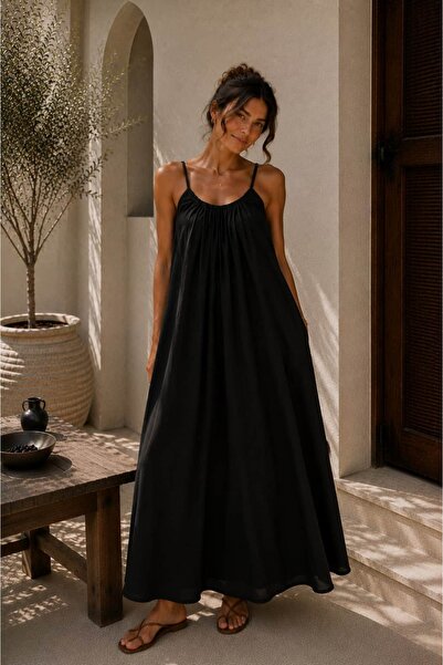 bb butik basic Woven Modal Adjustable Strap Gathered Maxi Dress – Relaxed Fit...